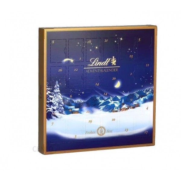 LINDT_ Mini kalendarz adwentowy z czekoladą mleczną oraz nadziewanymi czekoladkami lindt.