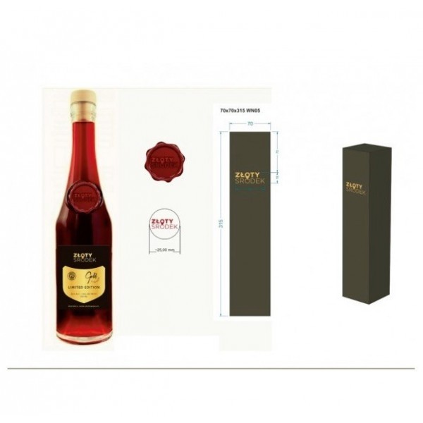 Butelka 350ml z piecżęcią lakową z logo, korek drewniany, etykieta z logo, kartonik tłoczone logo