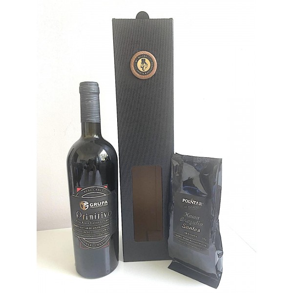 Zestaw prezentowy -wino-kawa z dedykowanymi etykietami oraz wielkokorek z logo