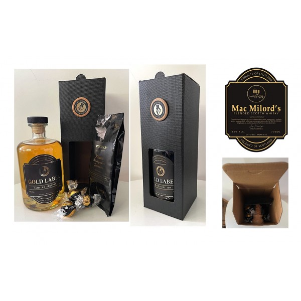 Whisky MacMilords z logo. ZESTAW. Kartonik i wielkorek z logo, 50 G KAWA, 4 X LINDOR MARKI LINDT