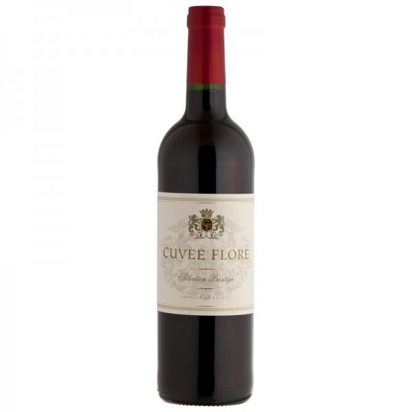 Czerwone wino pówytrawne Cuvee Flore Rouge z etykietą